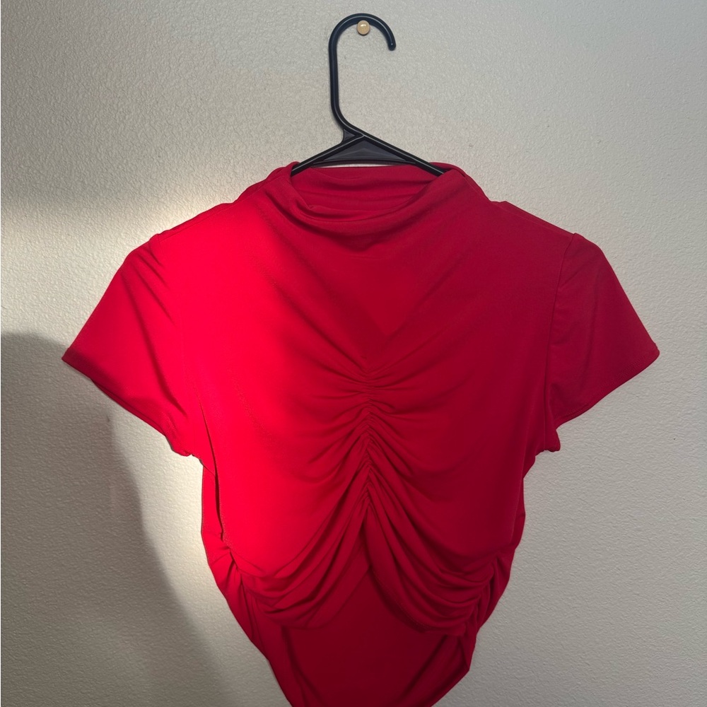 Love...ady Red Ruched Short Sleeve Bodysuit